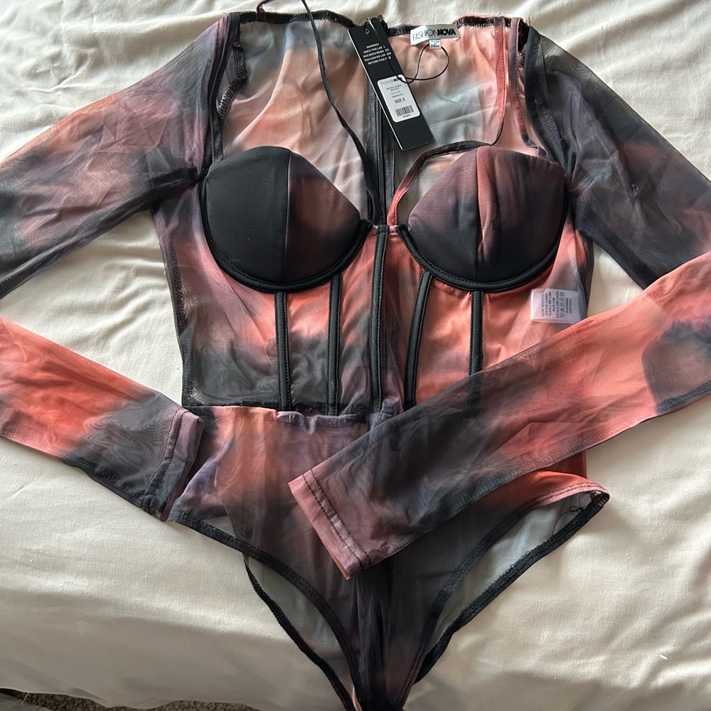 Mesh Long Sleeve Bodysuit - Black and Pink